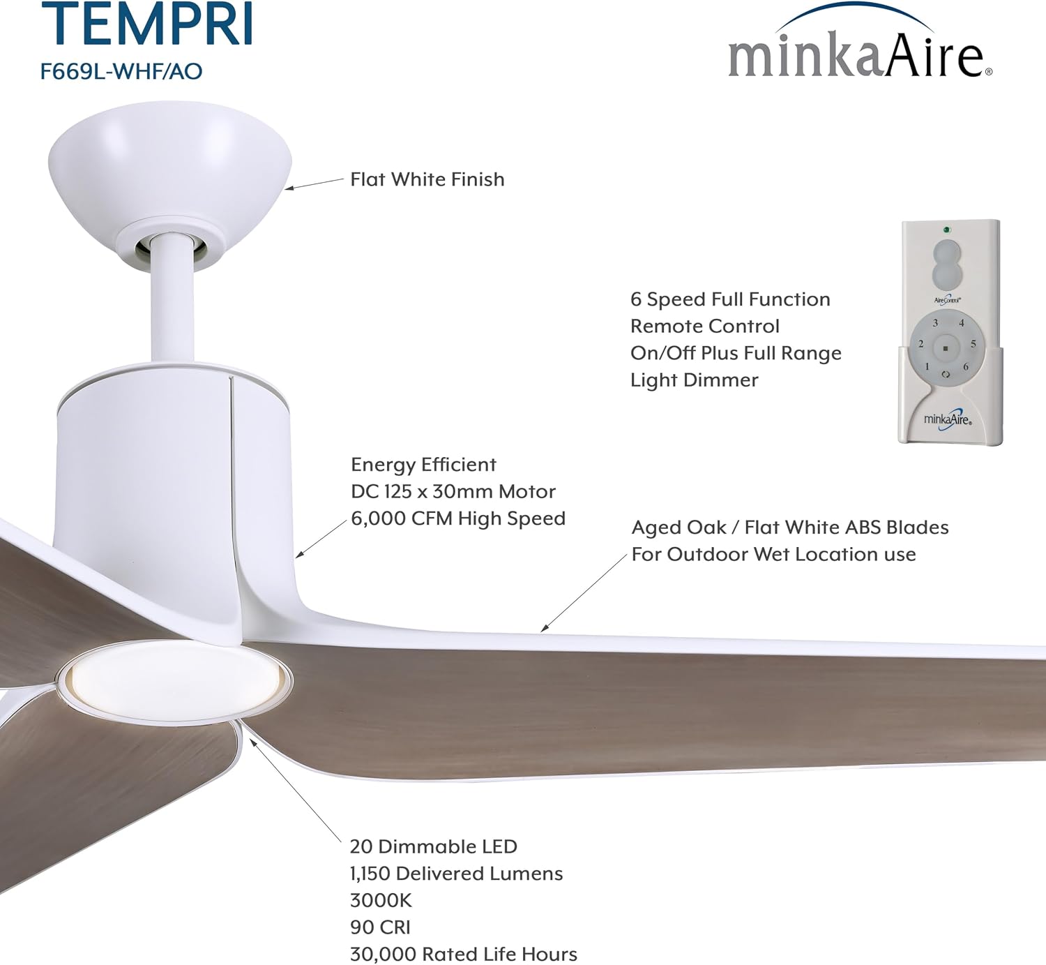 MINKA-AIRE F669L-WHF/AO Tempri 56' 3-Blade LED Indoor/Outdoor Ceiling Fan in Flat White and Aged Oak Finish Blades with Etched Lens