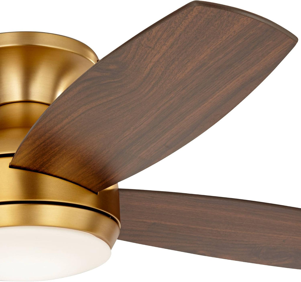 Casa Vieja 52' Elite Modern Hugger Low Profile Indoor Ceiling Fan with Light LED Remote Control Soft Brass Walnut Brown Opal Glass for House Bedroom Living Room Home Kitchen Dining Office