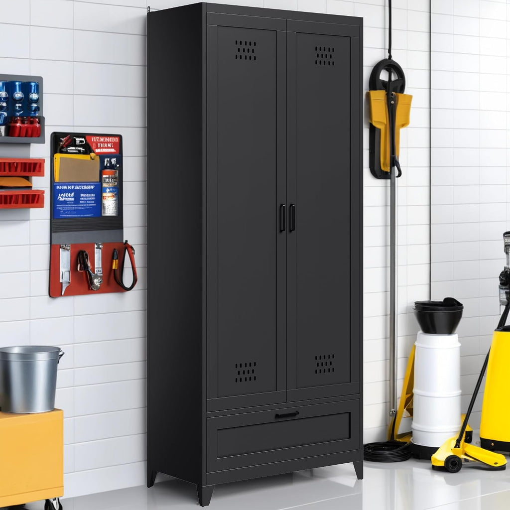 YITAHOME 71' Metal Garage Broom Cabinets with Adjustable Shelves, Vacuum Storage Cabinet with Doors and Drawer, Tool Storage Cabinet for Gym, Basement, Warehouse, Black