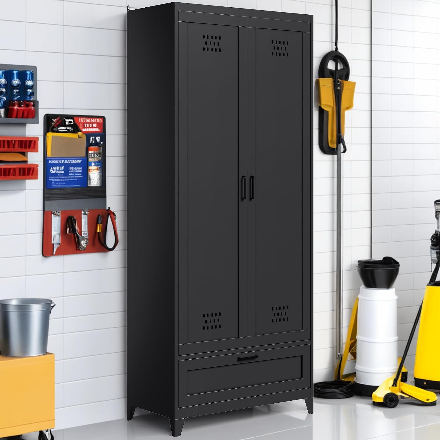 YITAHOME 71' Metal Garage Broom Cabinets with Adjustable Shelves, Vacuum Storage Cabinet with Doors and Drawer, Tool Storage Cabinet for Gym, Basement, Warehouse, Black