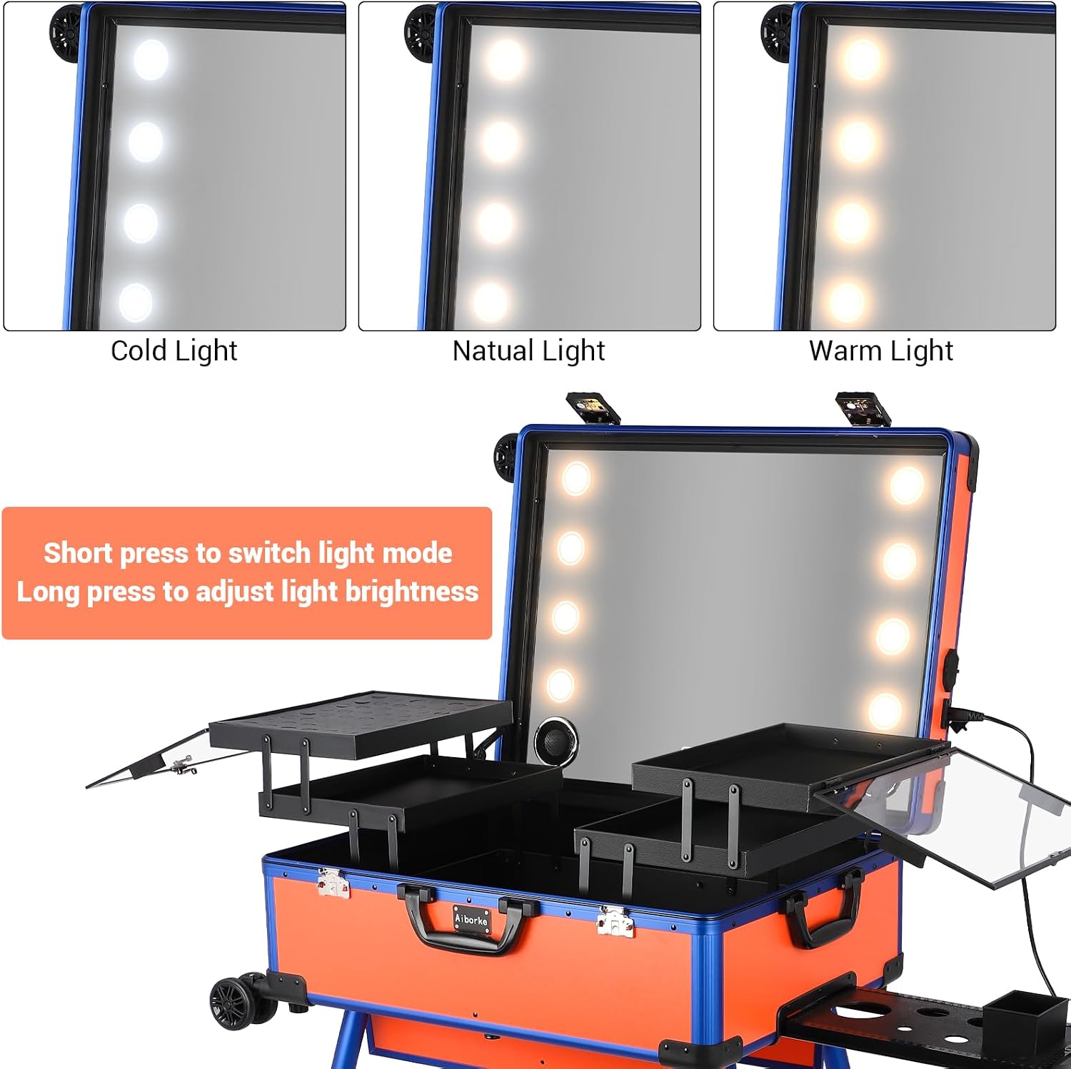 Rolling Makeup Train Case with Lighted Mirror and Bluetooth Speaker Professional Cosmetic Organizer Case with Wheels, Stands Portable Makup Station Vanity for Travel (Orange, Medium)