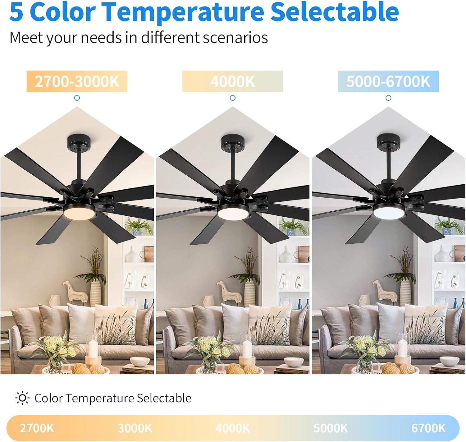 72 inch Large Ceiling Fans with Lights and Remote, Black Modern Outdoor Ceiling Fan for Patio, 6 Speed Reversible High Speed Quiet DC Motor, Damp Rated for Indoor Exterior Garage Use