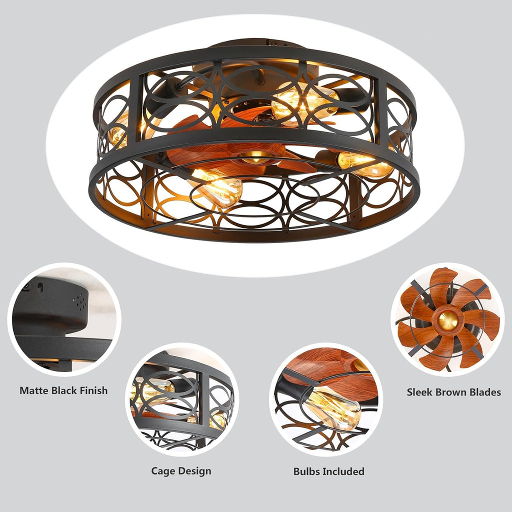 20' Caged Ceiling Fan with Light and Remote，Bladeless Ceiling Fan 6 Speed Reversible with 4 Bulbs and Remote Control.Low Profile Ceiling Fans with Lights for Bedroom, Dining Room
