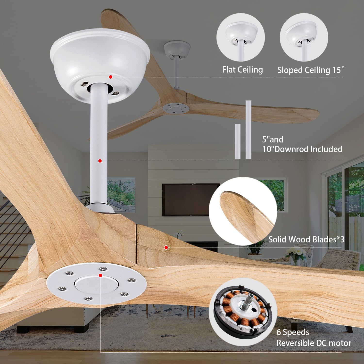Bigzone 70' Living Room Ceiling Fan With Remote Control, Energy Efficient Quiet DC Motor, 3 Wood Blades, Outdoor Ceiling Fans For Patios With Reversible Blades