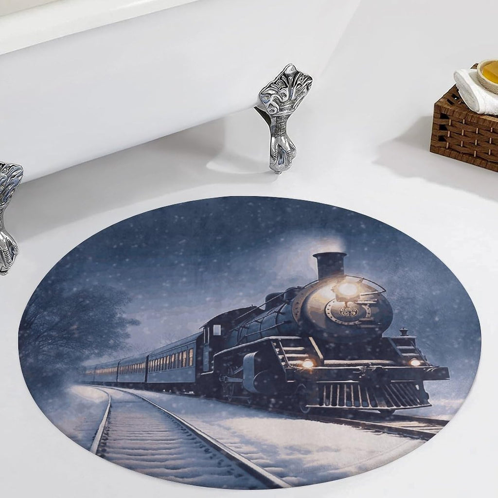 Winter Christmas Snow Night Railway Train Coral Velvet Round Floor Mat Non-Slip Bath Rug Floor Covering for Bathroom Vanity Guest Suite & Vacation Home