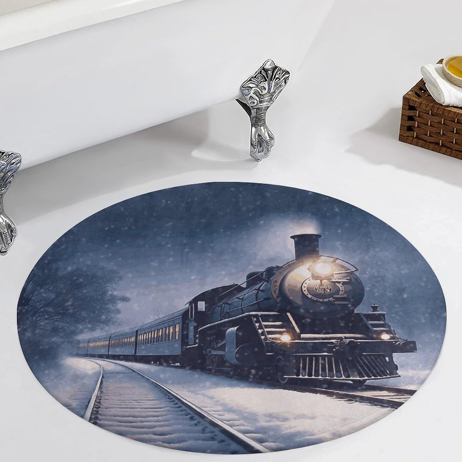 Winter Christmas Snow Night Railway Train Coral Velvet Round Floor Mat Non-Slip Bath Rug Floor Covering for Bathroom Vanity Guest Suite & Vacation Home