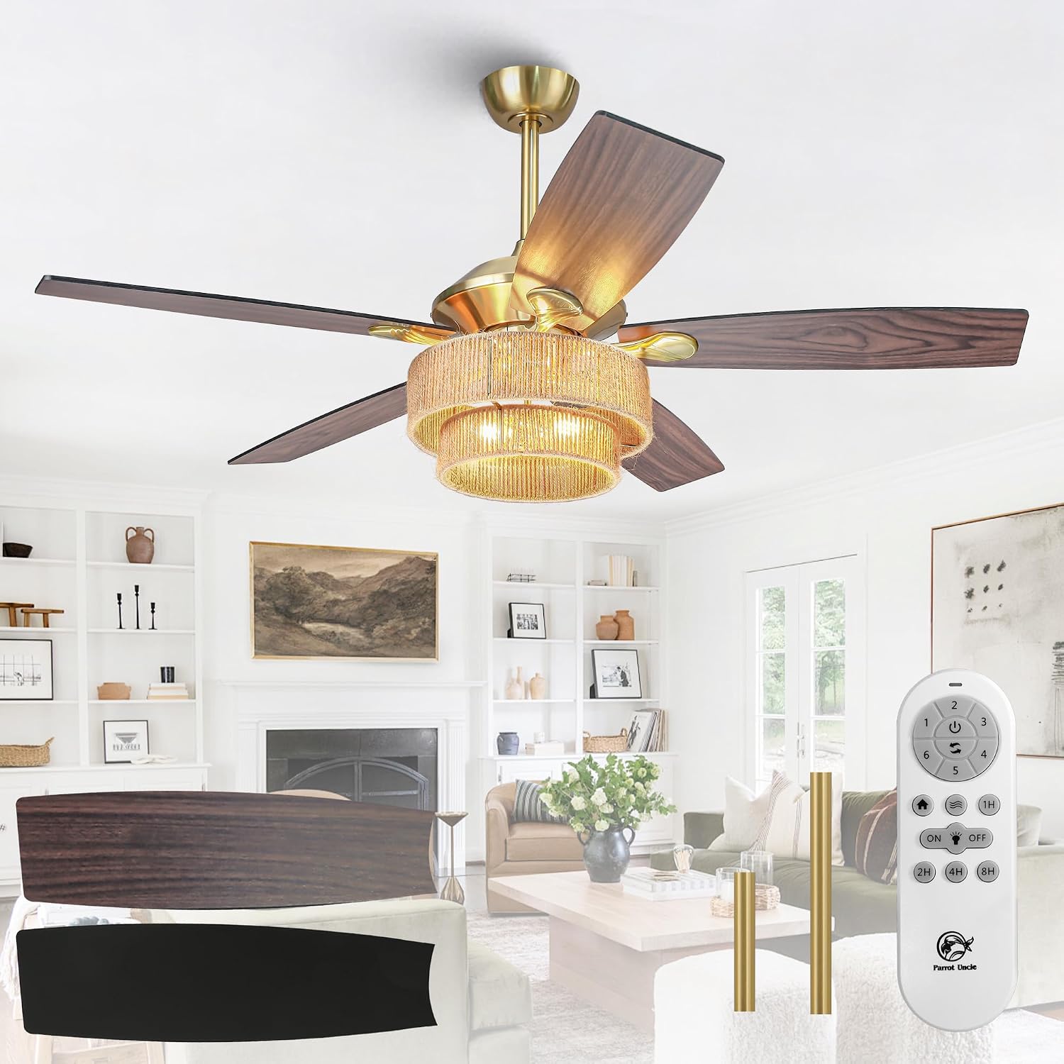 Parrot Uncle Ceiling Fans with Lights and Remote, 52 Inch Farmhouse Rustic Ceiling Fan for Bedroom, Chandelier Outdoor Ceiling Fans with Reversible 5 Blades, Black/Wood Grain, Woven Drum Shade