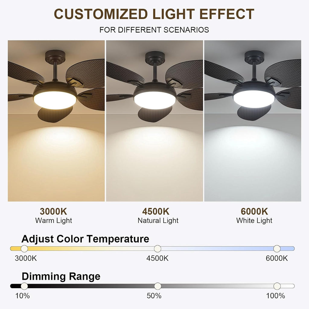 PHORUS 52' Tropical Outdoor Ceiling Fans with Lights and Remote,Palm Leaf Ceiling Fan for Patios Porch Patio, Dimmable, 6 Speeds, Reversible, Dark Brown