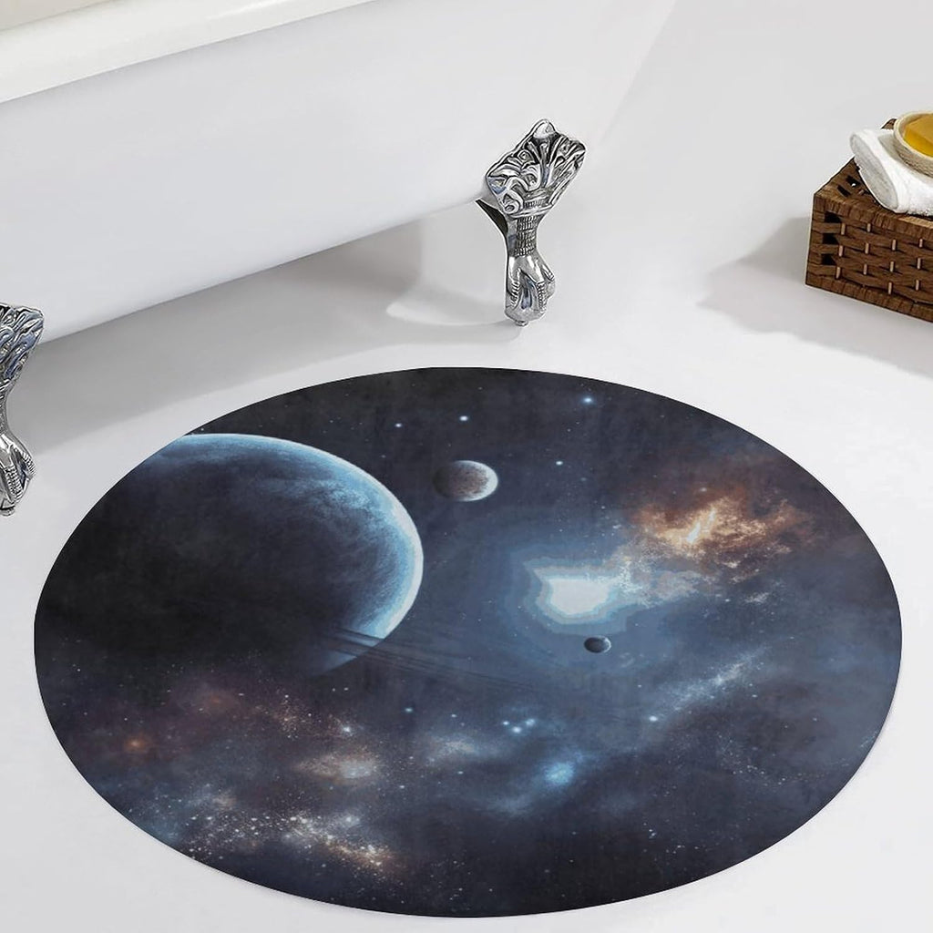 Moon Stars and Planets Coral Velvet Round Floor Mat Non-Slip Bath Rug Floor Covering for Bathroom Vanity Guest Suite & Vacation Home