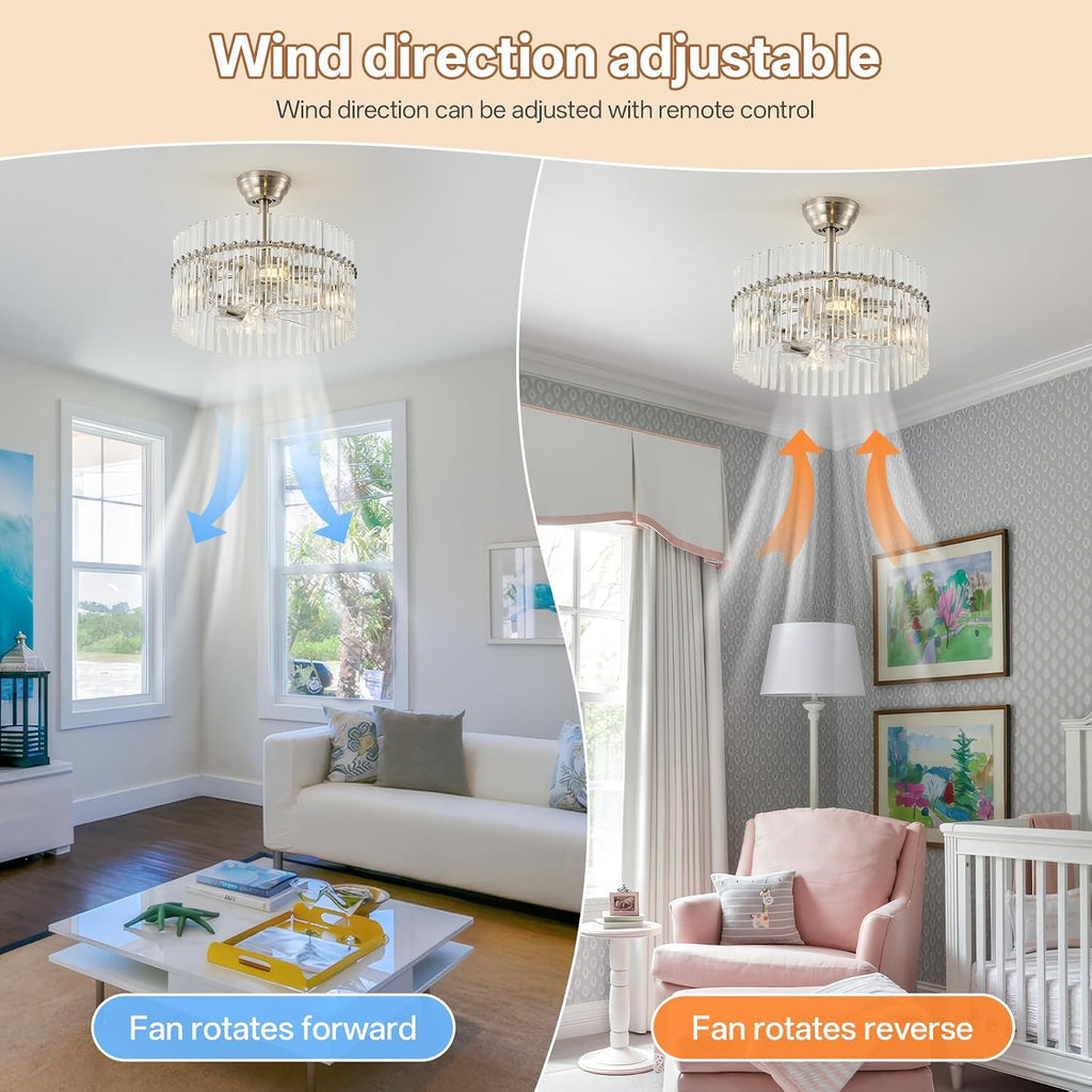 20' Silver Crystal Fandelier Ceiling Fans with Lights, Silver Crystal Chandelier Ceiling Fan with Light Remote Control, 6 Speeds for Bedroom, Living Room, Nursery