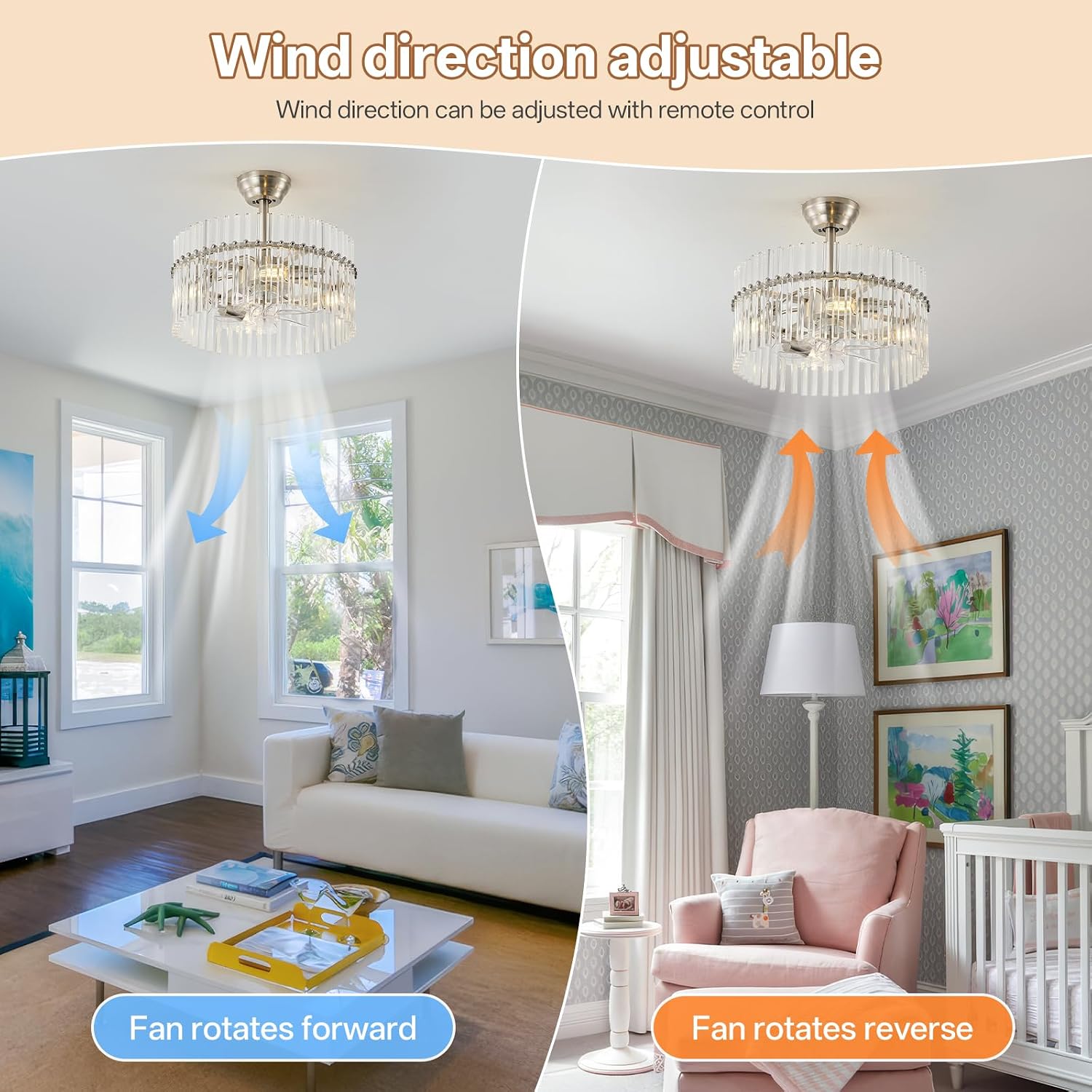 20' Silver Crystal Fandelier Ceiling Fans with Lights, Silver Crystal Chandelier Ceiling Fan with Light Remote Control, 6 Speeds for Bedroom, Living Room, Nursery