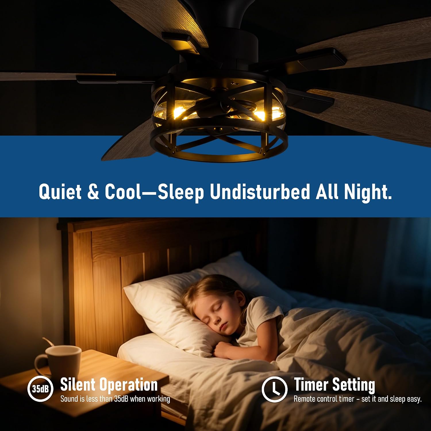 50 Inch Flush Mount Black Caged Ceiling Fan with Lights, Low Profile Farmhouse Ceiling Fan for Bedroom Living Room and Patio, Ceiling Fans and Remote Control for Indoor and Outdoor