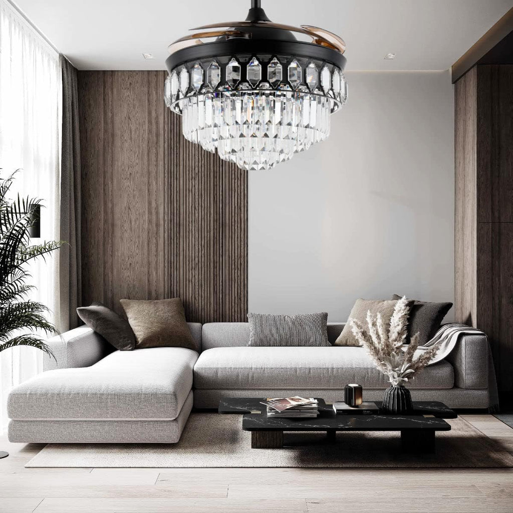 42 Inch Crystal Chandelier Ceiling Fan with Light Retractable Invisible Blade LED Lighting with Remote Control 6 Speed 3 Lighting Change Black Fandelier with Memory Function Black