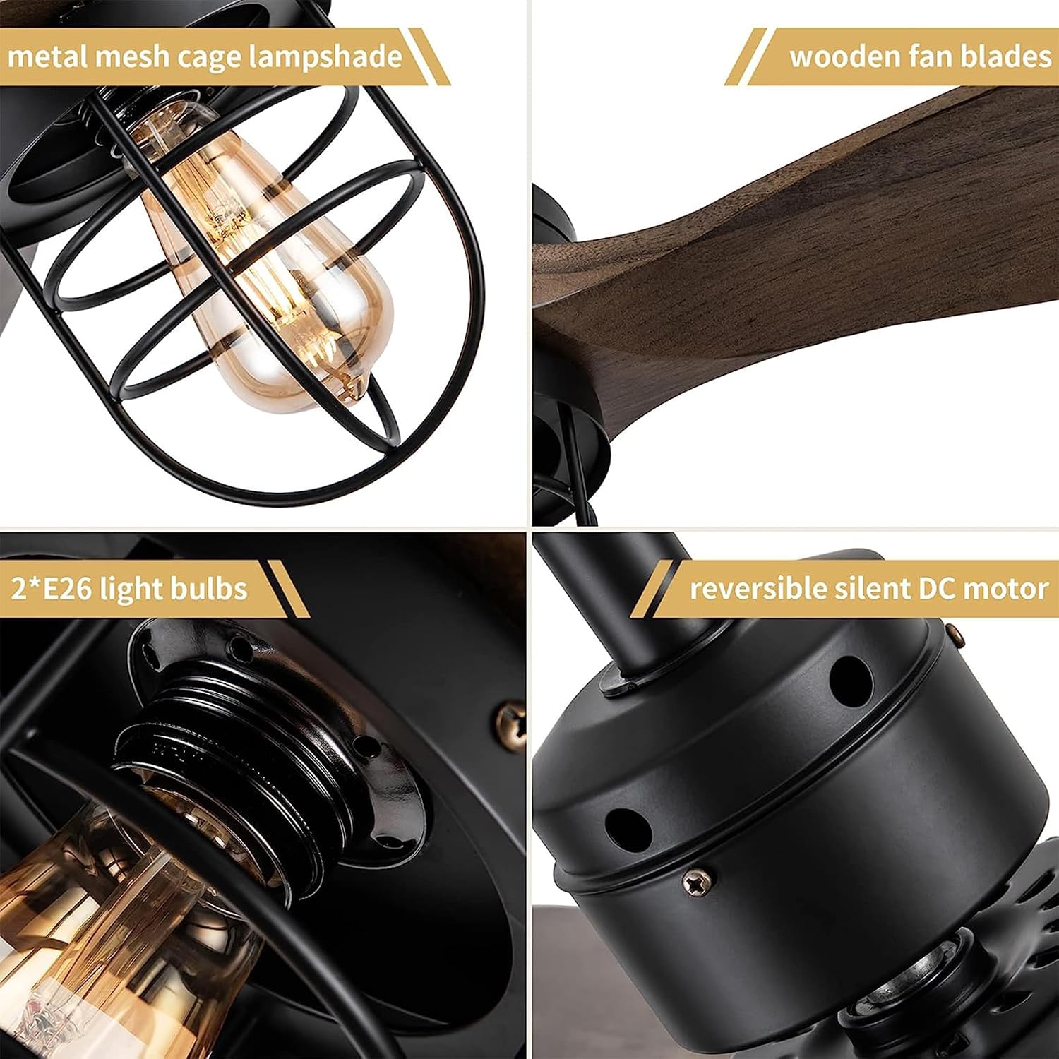 WWM 52 Inch Rustic Outdoor Ceiling Fan with Light and Remote, 3 Wood Blades, Include Bulbs Modern Black Farmhouse Industrial Ceiling Fan for Outdoor Ceiling Fans for Patios,Porch,Bedroom