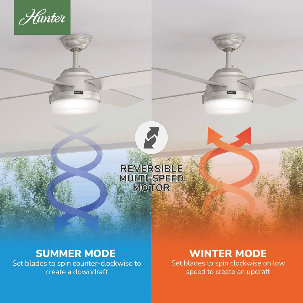 Hunter 52 inch Outdoor or Indoor Ceiling Fan with LED Light and Remote Control - Modern Ceiling Fan, Standard Mount, 4 Blades, For Patio, Porch, Garage, or Living Room - Dempsey 59450, Matte Nickel