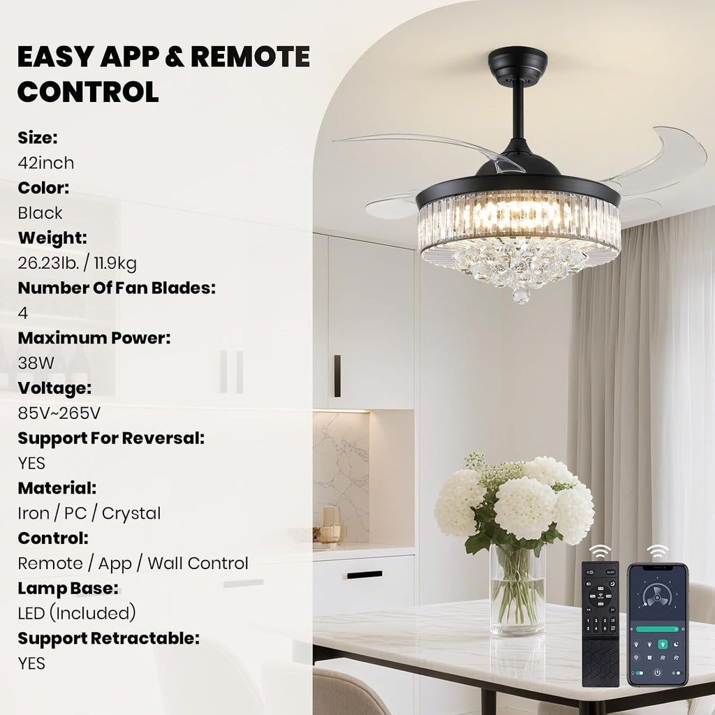 Fandelier Ceiling Fan with Light, 42'' Retractable Ceiling Fans,Crystal Chandelier Fan with LED Dimmable for Bedroom Living Room etc-Black