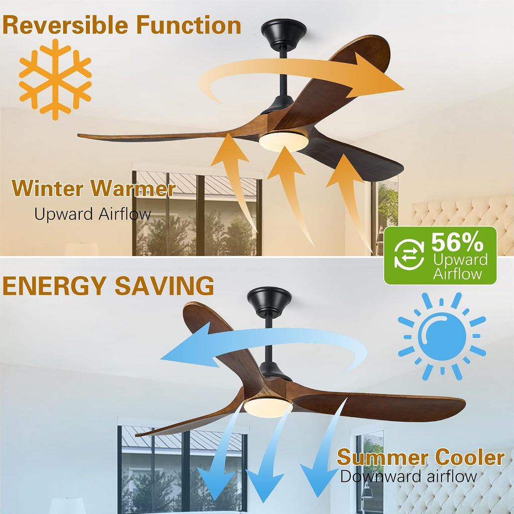 60 Inch Solid Wood Ceiling Fans with Lights, Remote APP Control 3 Propeller Blades Indoor Outdoor Ceiling Fan, Large Airflow Noiseless DC Motor Wooden Ceiling Fan for Patio Living Rooms Farmhouse