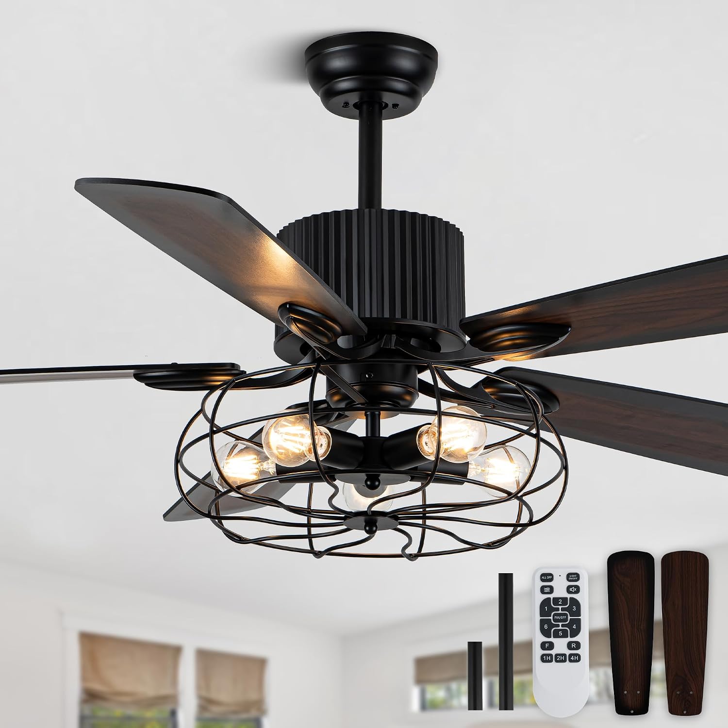 52' Ceiling Fans with Lights and Remote,Industrial Caged Rustic Retro Chandelier Ceiling Fan with Reversible Motor,8 Double Colour Blades for Dining Room Living Room Bedroom