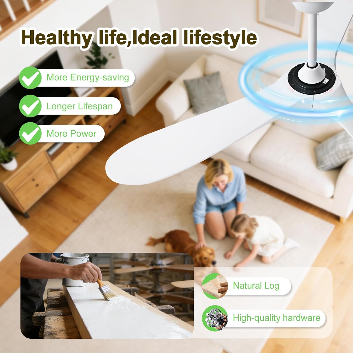 60'' Ceiling Fans with Lights and Remote, Wood Outdoor Ceiling Fan with 6 Speed Noiseless DC Motor, Indoor Modern 3 Blade Propeller Ceiling Fan for Bedroom Living Room Gazebo Patio (White)