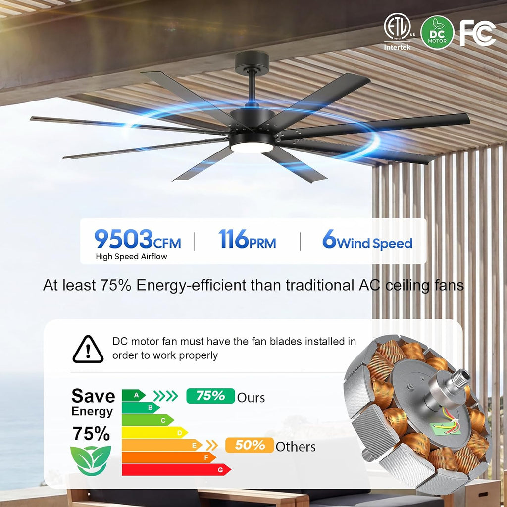 72 Inch Waterproof Outdoor Ceiling Fan with Light, Smart Ceiling Fan with Alexa/APP Control, 8 Modern Black Aluminum Blades, Large Airflow Reversible Quiet DC Motor, Wet-Rated for Patios Gazebo Garage