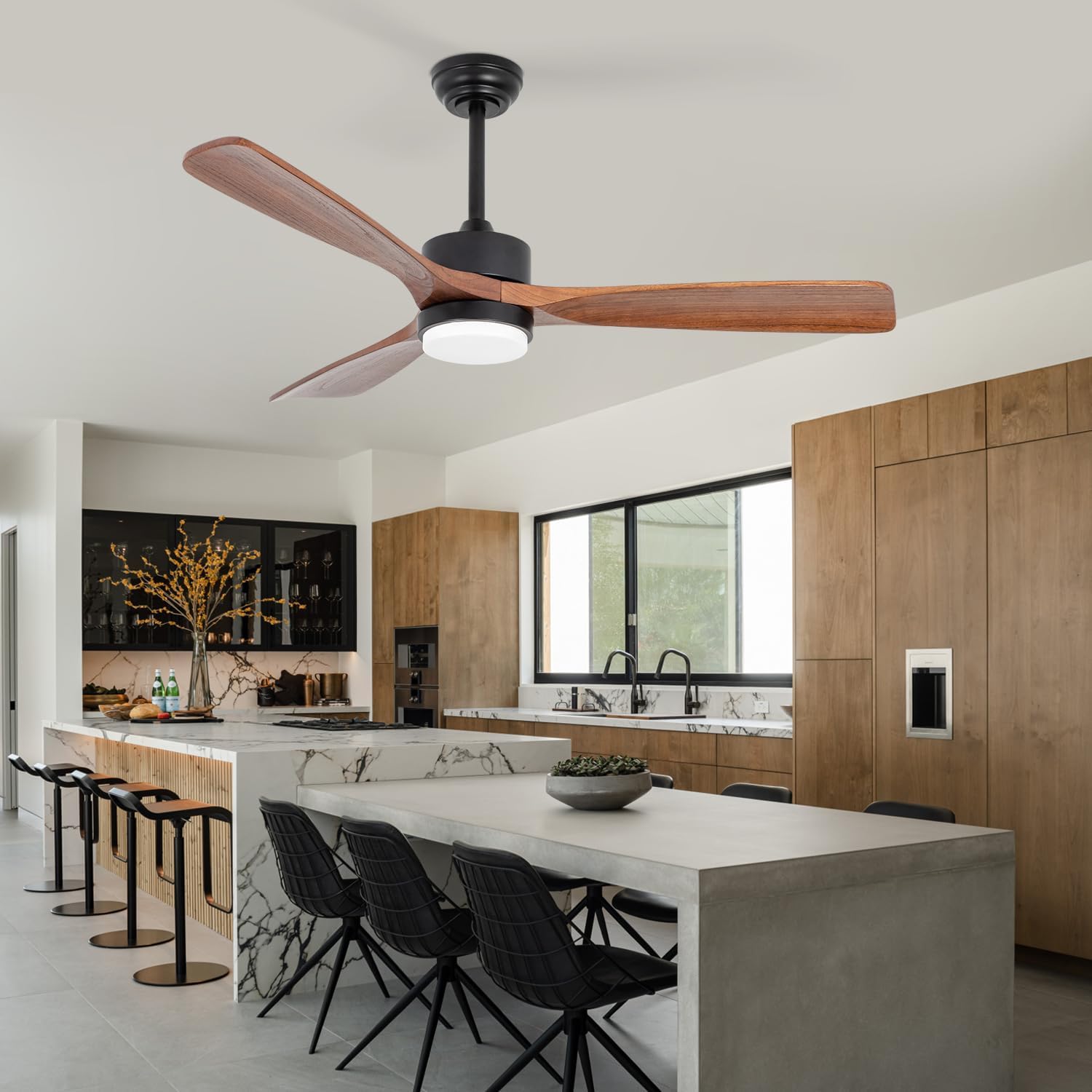 52 inch Wood Ceiling Fans with Lights, Modern Ceiling Fan with Lights and Remote Control for Patios, 3 Color light, 6 Speed，DC Motor for Living Room Bedroom Outdoor