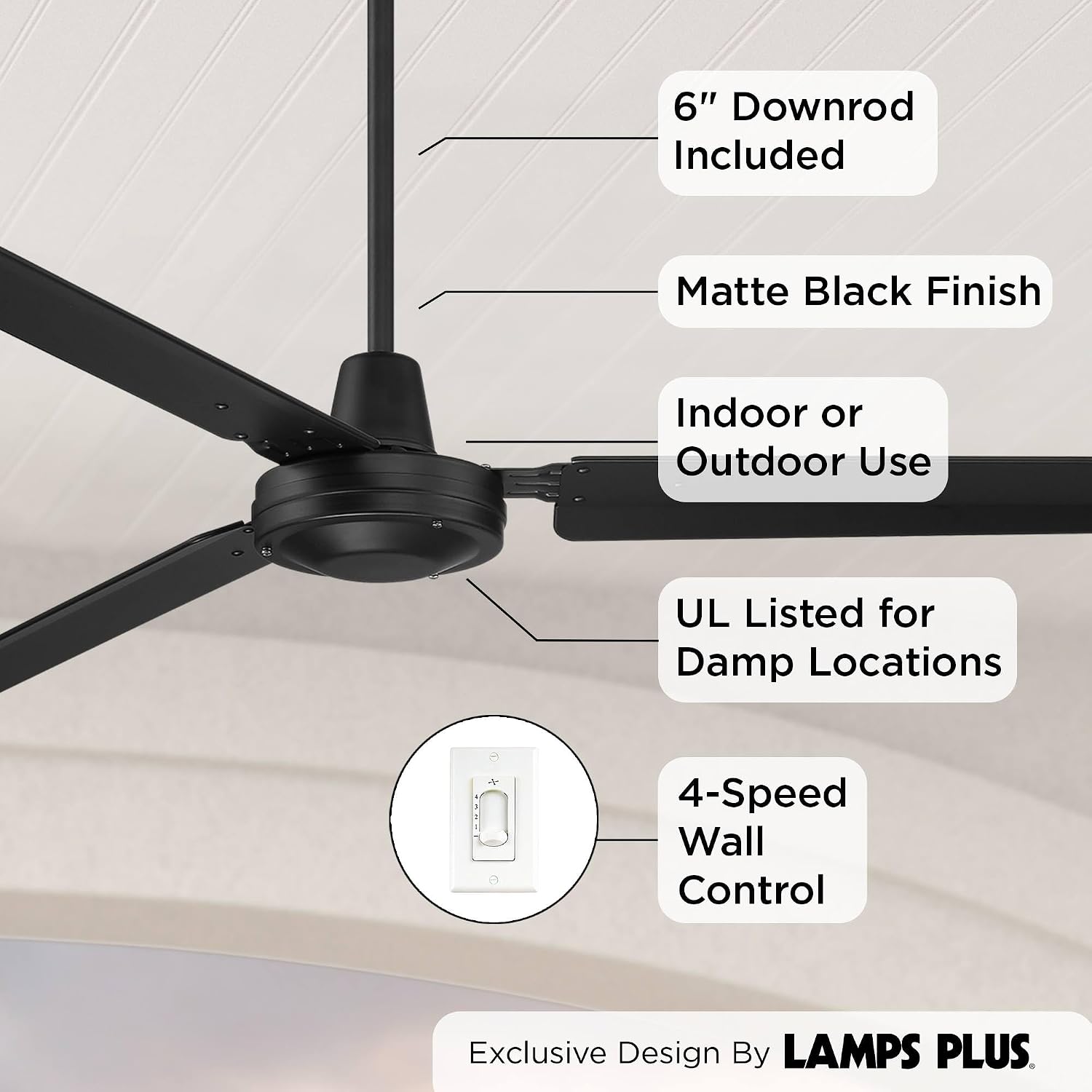 Casa Vieja 72' Casa Velocity Large Modern Industrial Indoor Outdoor Ceiling Fan 3 Blade Wall Control Matte Black Finish Metal Blades Bedroom Living Room Kitchen Garage Damp Rated With 6' Downrod
