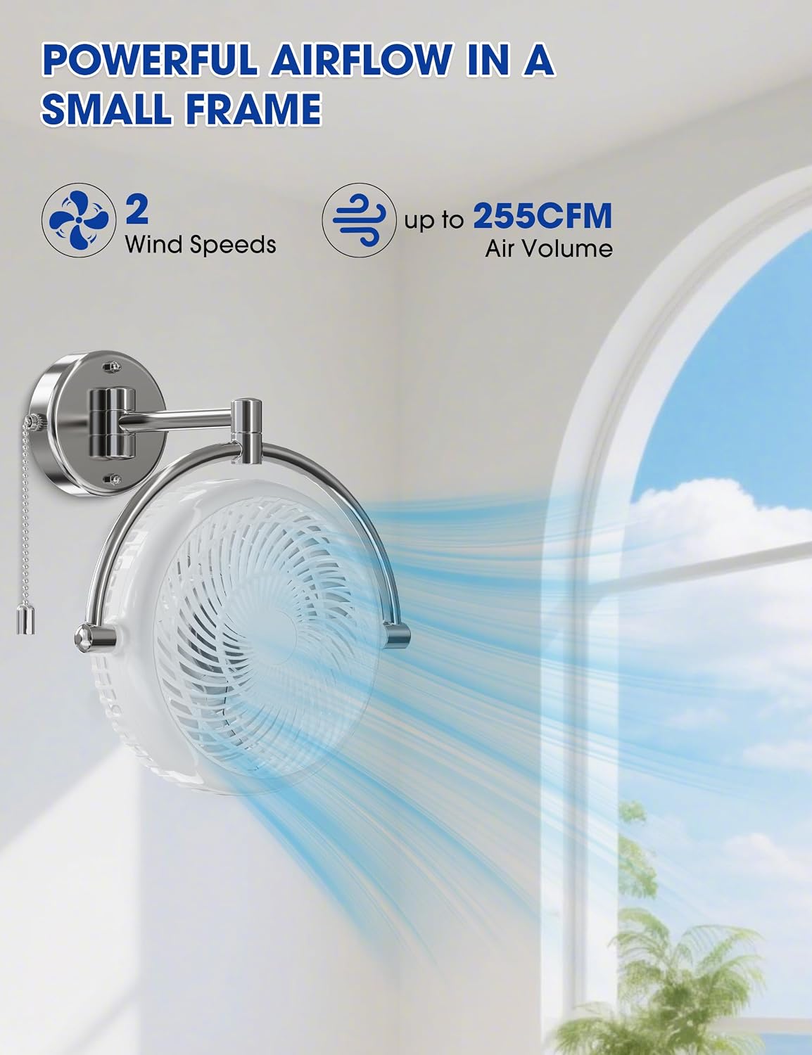 Wall Mount Fans with Pull Chain, 10 Inch Wall Fans Quiet Oscillating Wall-Mounted Fan, Adjustable Folding Arm, 2-Speed Plug-in Ceiling Fan for Bedroom, Living Room, Bathroom, Patio, Kitchen, White