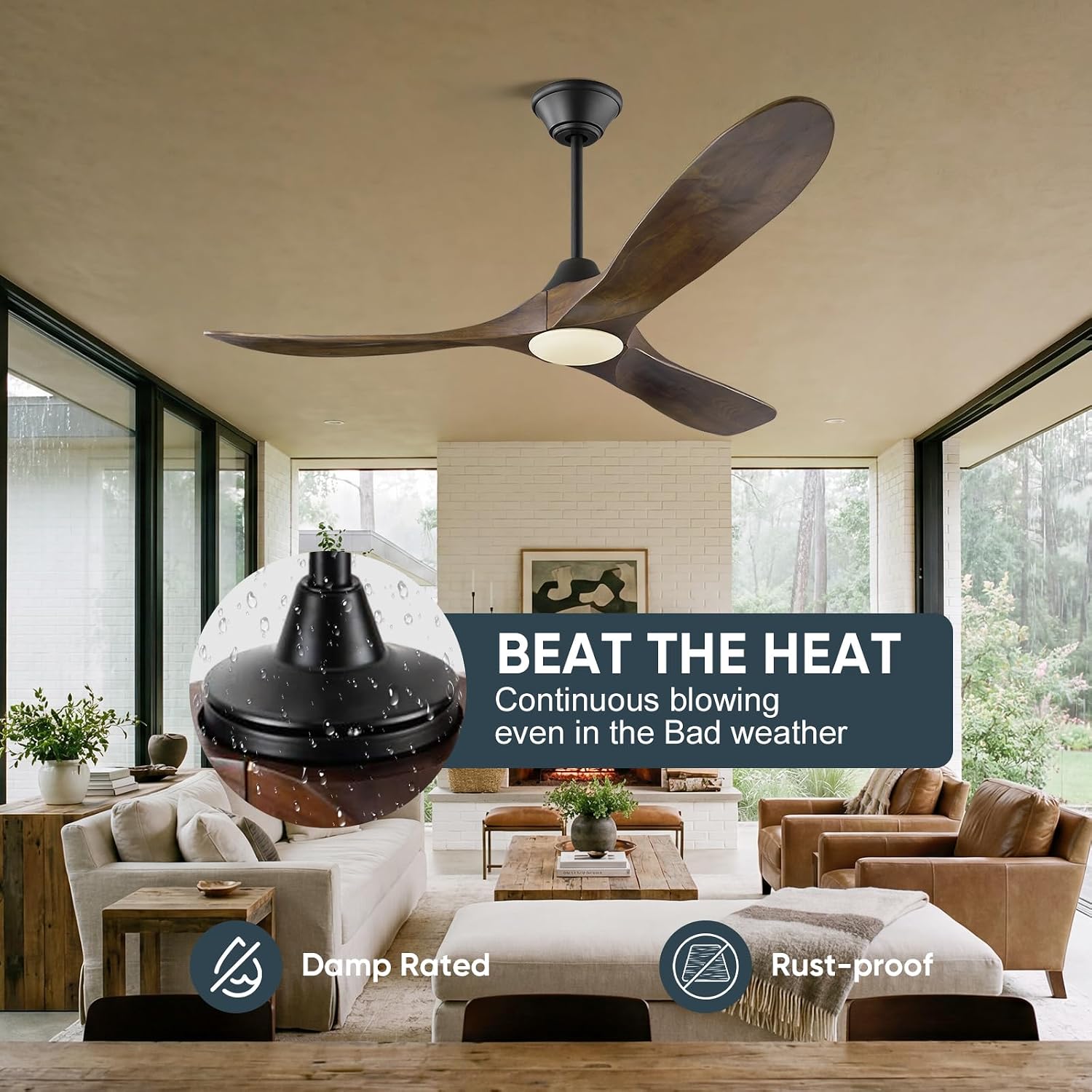 42 Inch Smart Ceiling Fan with Lights Remote, Alexa WIFI Voice Control, Low Profile Indoor/Outdoor Ceiling Fans for Patios Damp Rated, 3 Blades Wood Propeller DC Motor for Living Room,Bedroom,Porch