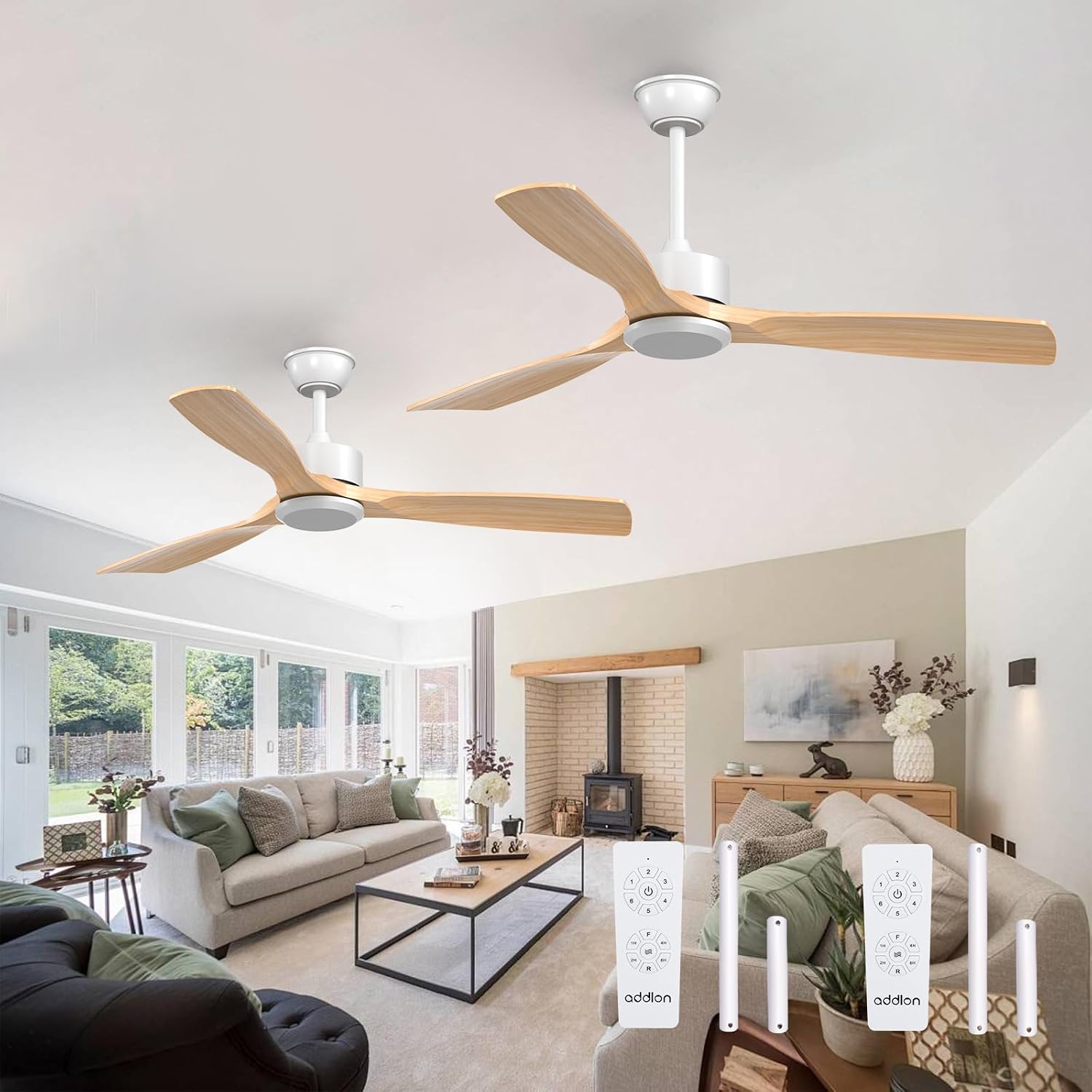 addlon 2 Pack 52 inch Ceiling Fan No Light, White Ceiling Fans with Remote Control, Reversible, 3 Wood Blades, 6 Speeds, Noiseless, Wood Ceiling Fan without Light for Indoor/Outdoor Use