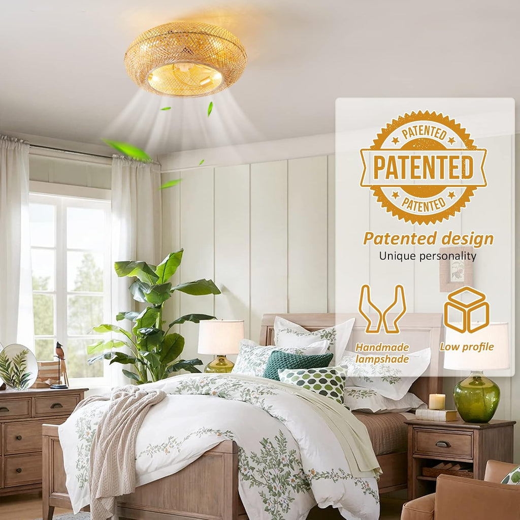 ainqiant 20' Boho Ceiling Fans with Lights,Rattan Caged Flush Mount Ceiling Fan with Light, Enclosed Timing 6 Speeds Reversible for Living Room Bedroom Dining Room