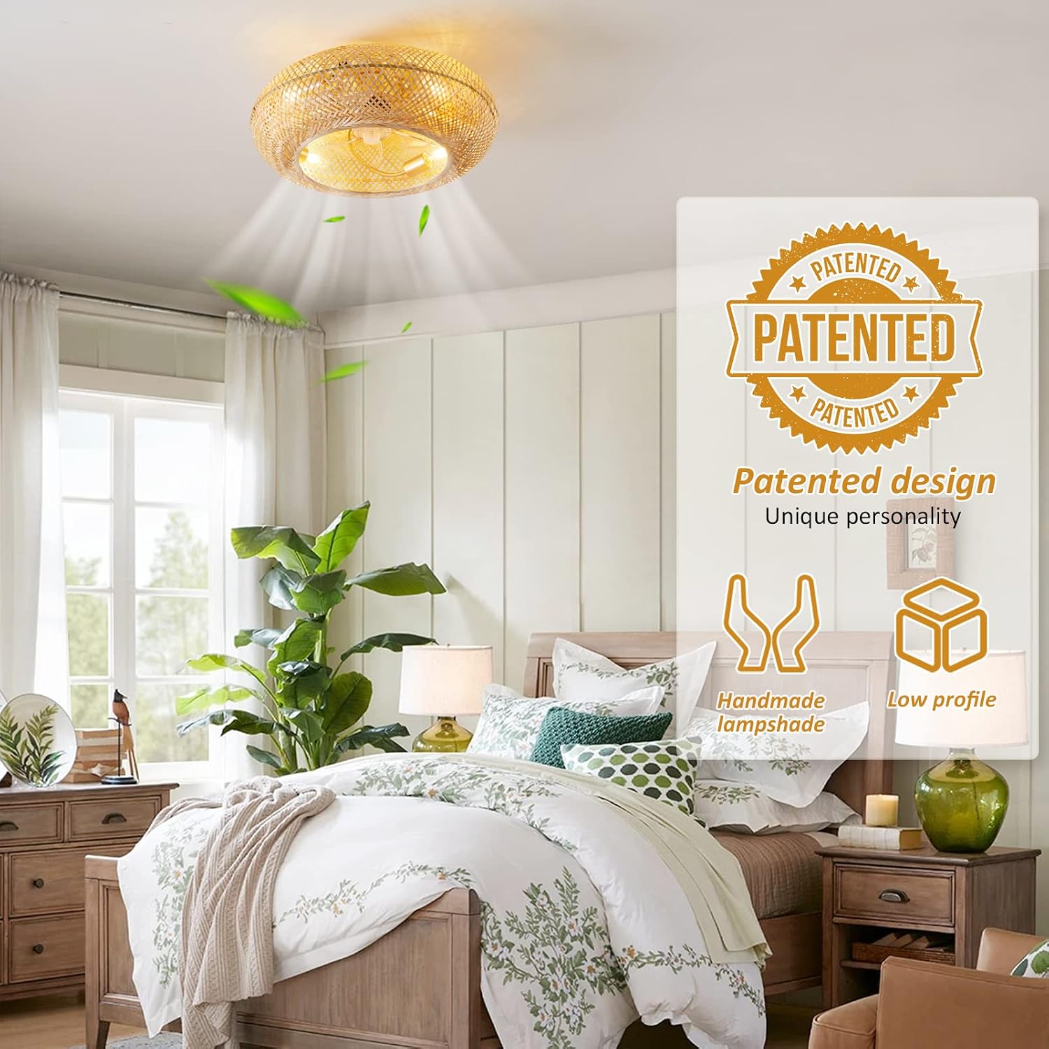 ainqiant 20' Boho Ceiling Fans with Lights,Rattan Caged Flush Mount Ceiling Fan with Light, Enclosed Timing 6 Speeds Reversible for Living Room Bedroom Dining Room