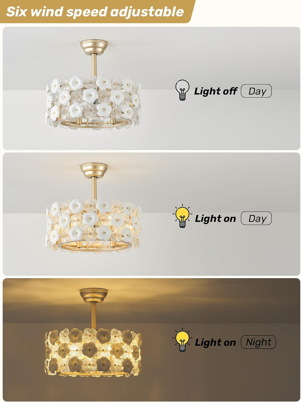 20' Gold Flower Crystal Fandelier Ceiling Fan with Light, Gold Crystal Chandelier Ceiling Fans Remote Control, Caged 6 Speeds for Bedroom, Living Room, Nursery