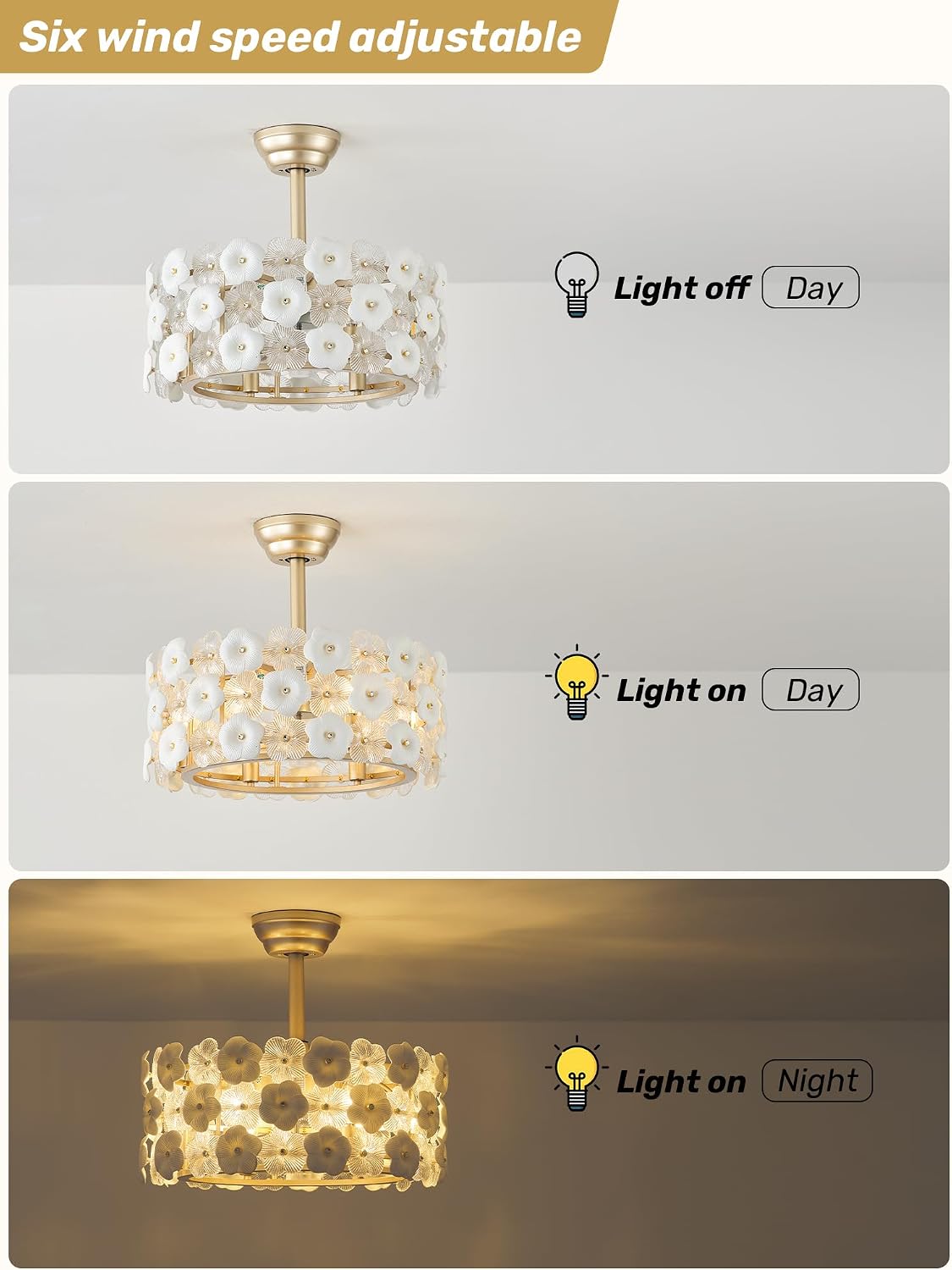20' Gold Flower Crystal Fandelier Ceiling Fan with Light, Gold Crystal Chandelier Ceiling Fans Remote Control, Caged 6 Speeds for Bedroom, Living Room, Nursery