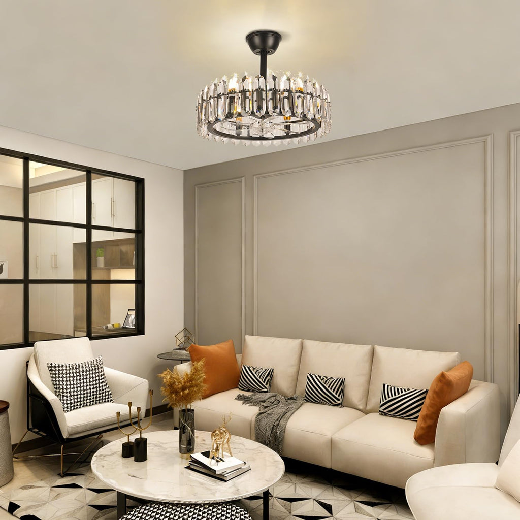 CLAIRDAI Black Crystal Caged Ceiling Fan with Light, 20.7'' Fandelier, 6 x E12 Bulbs Required, Remote Control, 6-Speed Reversible Ceiling Fan, Flush Mount for Bedroom Living Room Dining Room