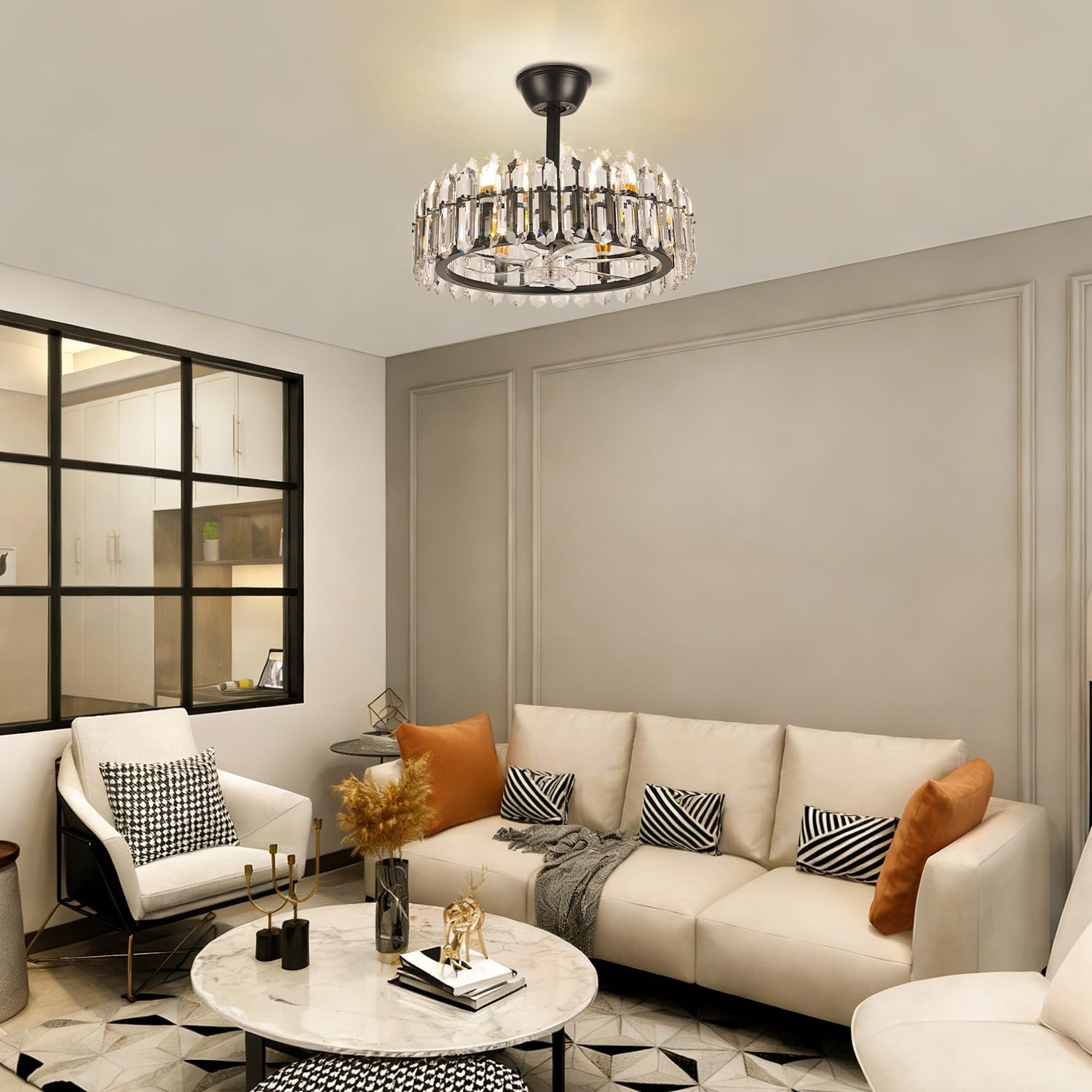 CLAIRDAI Black Crystal Caged Ceiling Fan with Light, 20.7'' Fandelier, 6 x E12 Bulbs Required, Remote Control, 6-Speed Reversible Ceiling Fan, Flush Mount for Bedroom Living Room Dining Room