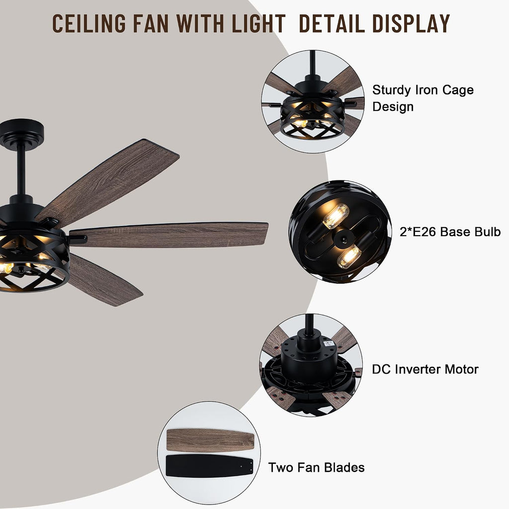 60' Farmhouse Ceiling Fan with Lights and Remote,6-Speed DC Motor Industrial Caged Ceiling Fan,Reversible Blades,Timer,2-Color Blades for Bedroom Living Room (E26 Bulbs Not Included)
