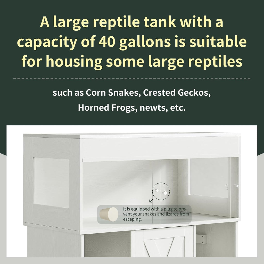 Herture 40 Gallon Reptile Terrarium Tank with Storage Cabinet, Reptile Tank with Stand, for Leopard Geckos, Corn Snakes, Juvenile Pets, Sliding Acrylic Doors, Mesh Top, Power Outlet, White PX03RTW