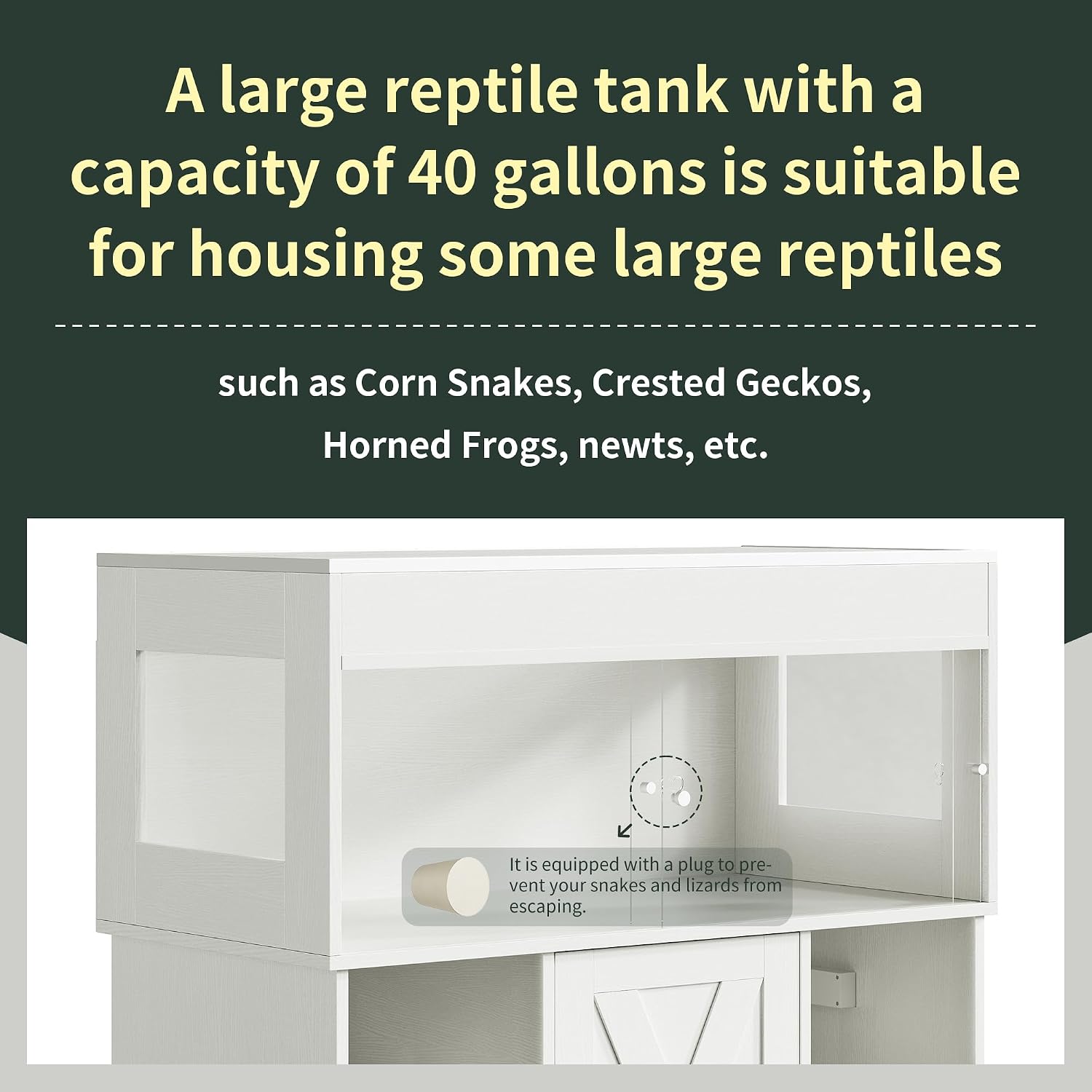 Herture 40 Gallon Reptile Terrarium Tank with Storage Cabinet, Reptile Tank with Stand, for Leopard Geckos, Corn Snakes, Juvenile Pets, Sliding Acrylic Doors, Mesh Top, Power Outlet, White PX03RTW