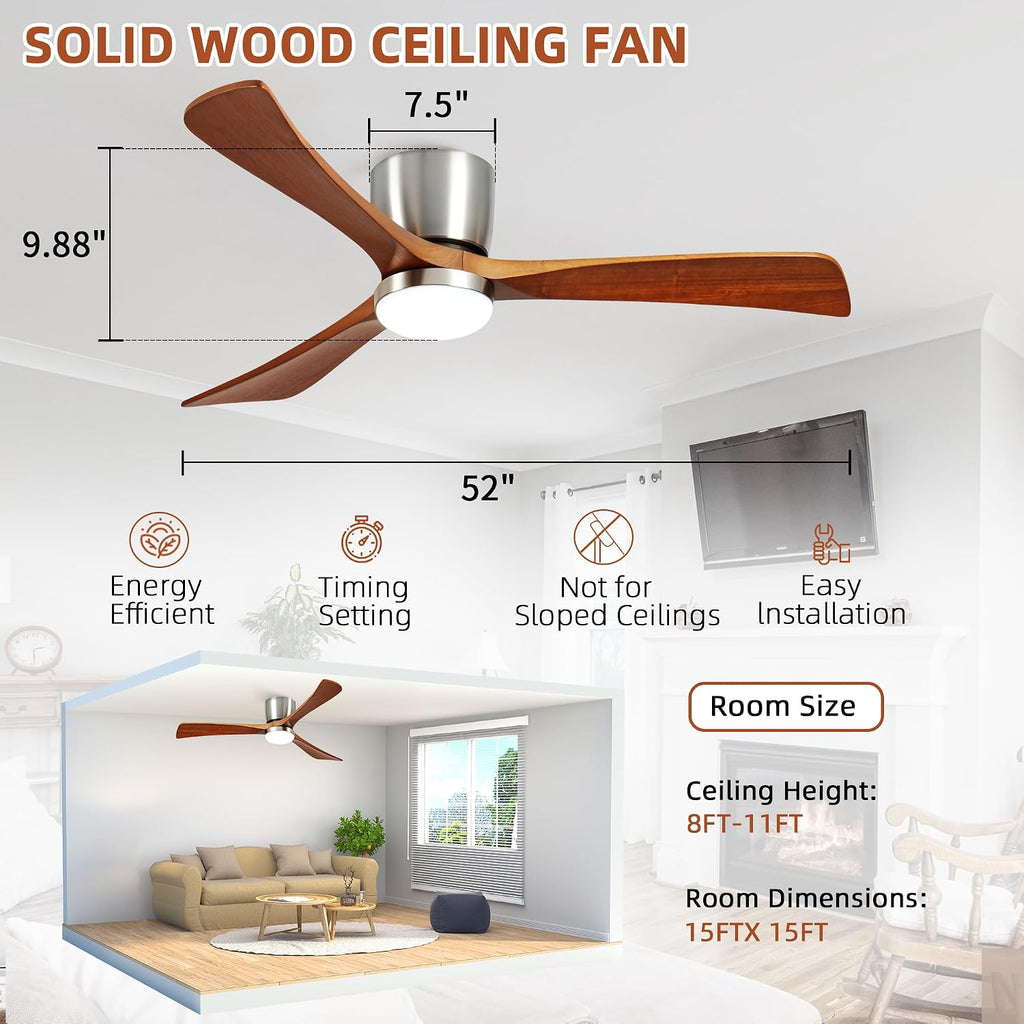 Ceiling Fans with Lights 52 Inch Flush Mount, Wood Blade, LED Dimmable DC Reversible Modern Ceiling Fan with Remote Control for Bedrooms, Living Rooms, Patio, Brushed Nickel