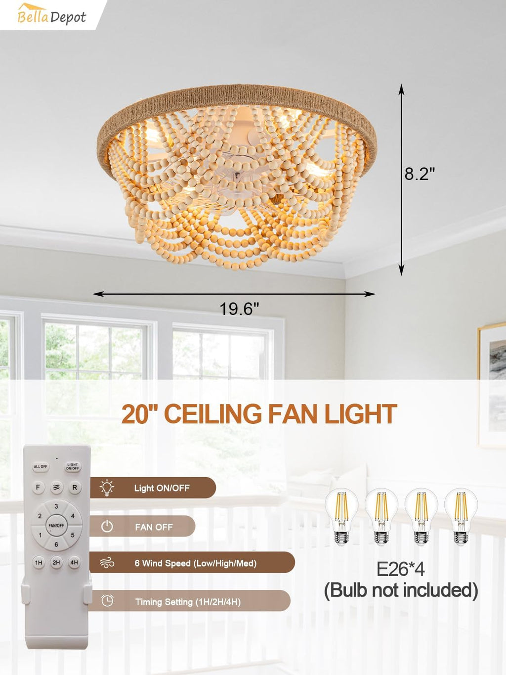 Bella Depot 20' Boho Ceiling Fan with Light, Flush Mount Wood Beaded Fandelier Chandelier Fan, 6 Speeds Reversible Bladeless Ceiling Fan for Bedroom Living Room Kitchen (Wood)