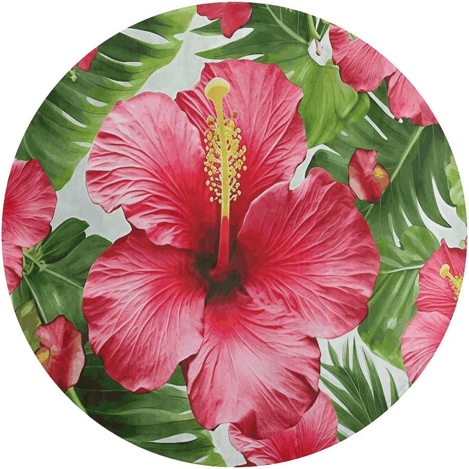 Hibiscus Flower Coral Velvet Round Floor Mat Non-Slip Bath Rug Floor Covering for Bathroom Vanity Guest Suite & Vacation Home