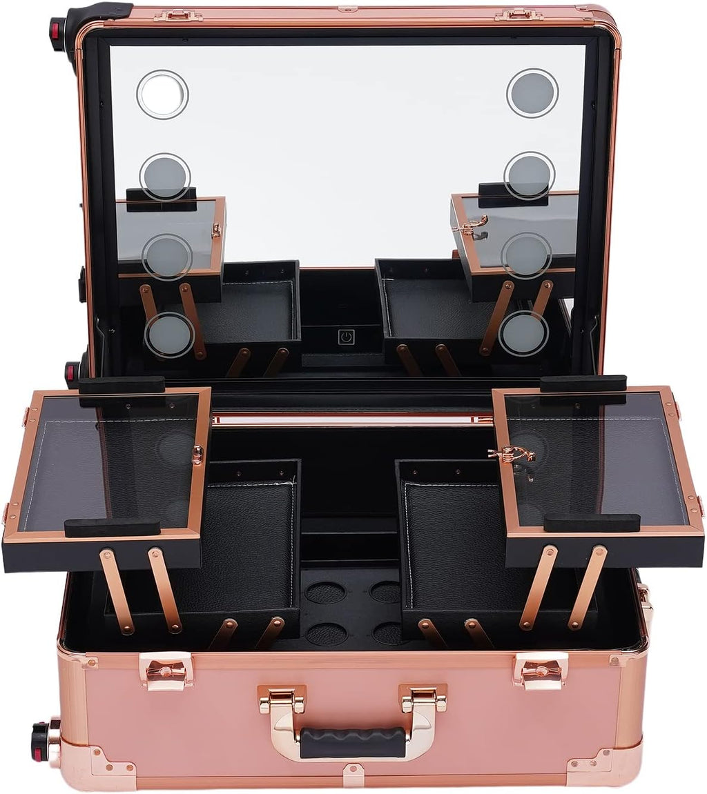Aluminum Trolley Makeup Train Case with LED Light & Mirror,Professional Cosmetic Travel Box with Retractable Legs, Rolling Lighted Makeup Vanity Station for Travel (Rose Gold)
