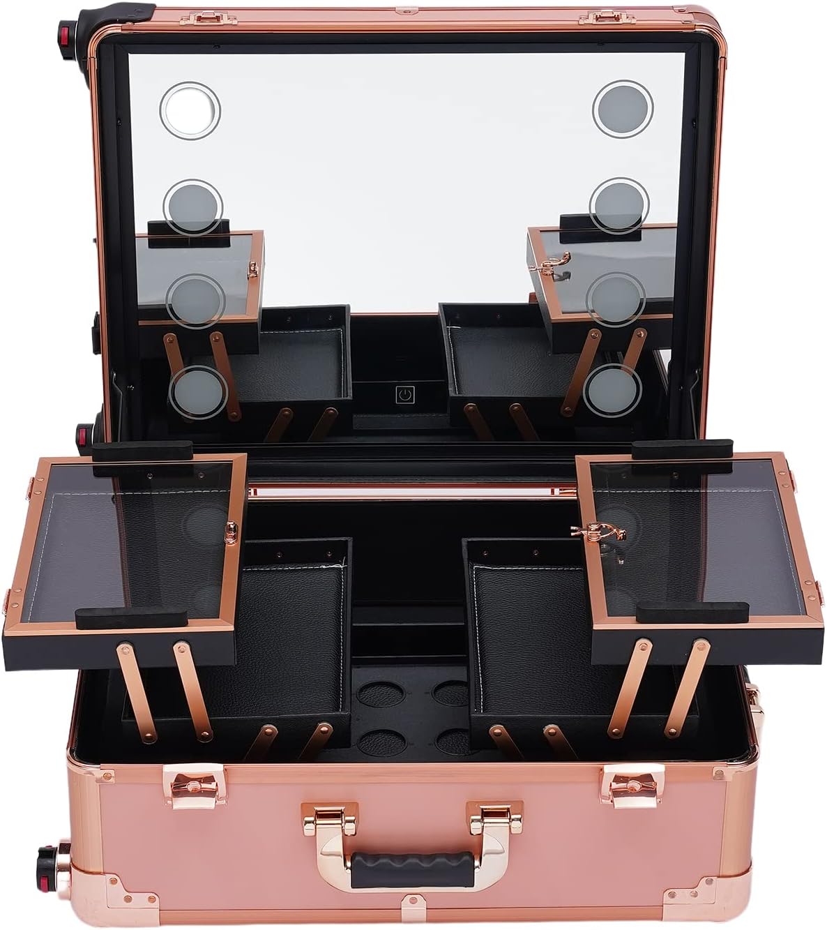 Aluminum Trolley Makeup Train Case with LED Light & Mirror,Professional Cosmetic Travel Box with Retractable Legs, Rolling Lighted Makeup Vanity Station for Travel (Rose Gold)