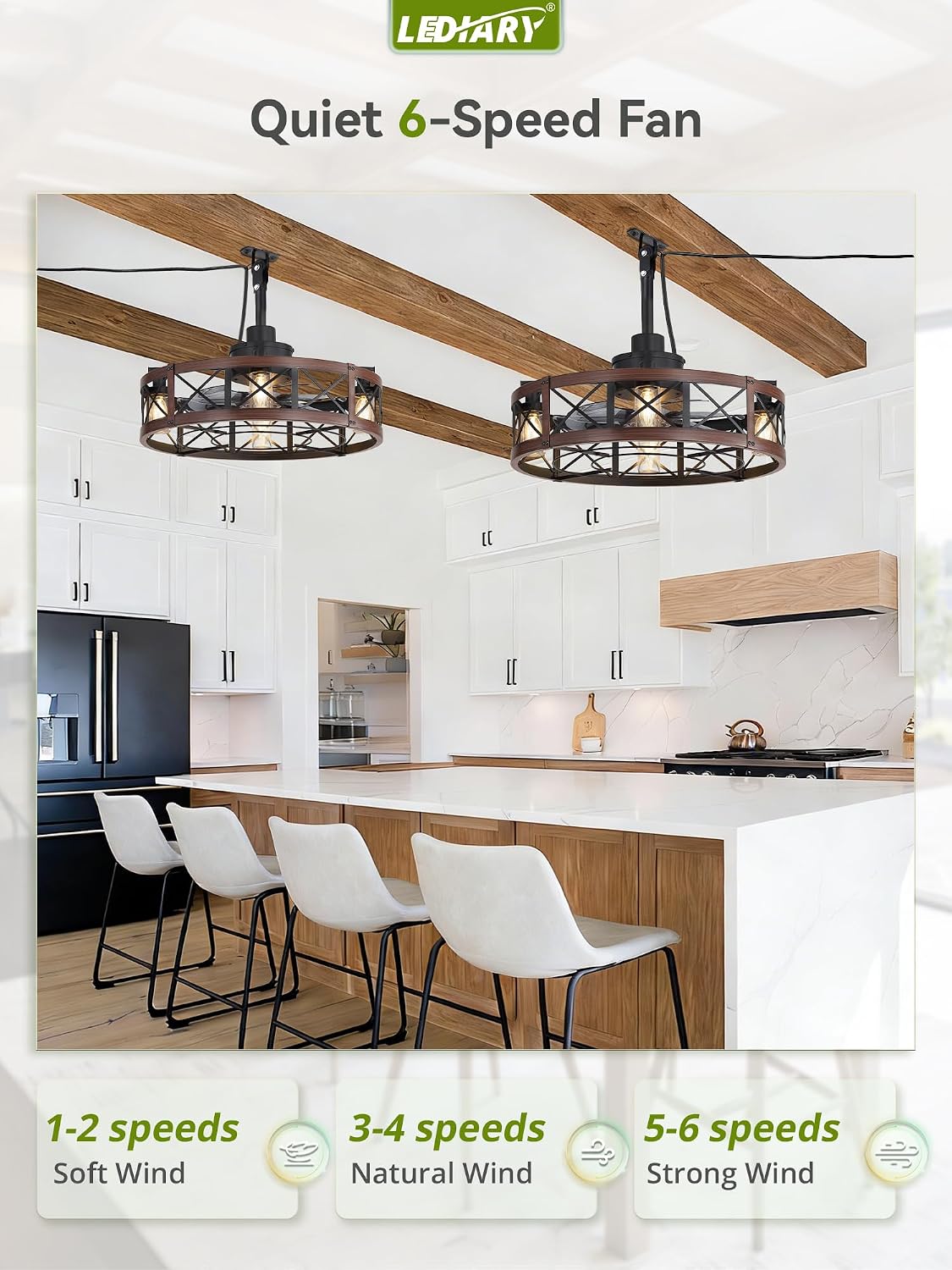 LEDIARY Outdoor Ceiling Fan with Lights for Patios- 22' Waterproof Plug in Gazebo Fan with Remote Control&Timer, 6-Speed Reversible Motor, Hanging Caged Ceiling Fan for Porch, Pergola, Walnut