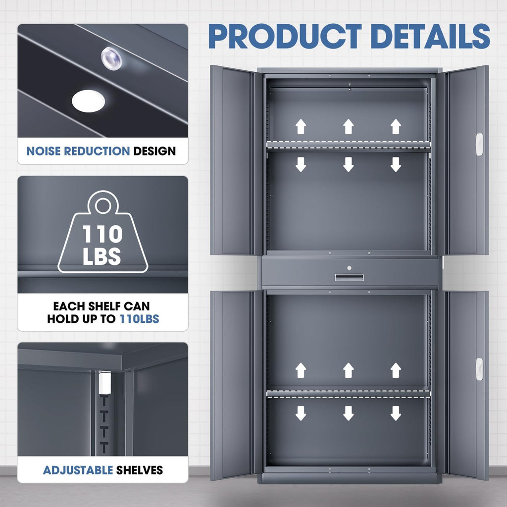 DNA Motoring 71'' Metal Storage Cabinet, Locking Tool Cabinet with 1 Drawer and Adjustable Shelves, Lockable Heavy Duty Metal Locker for Garage,Office,Home,Gym, Gray, TOOLS-00629-GY-GY-A