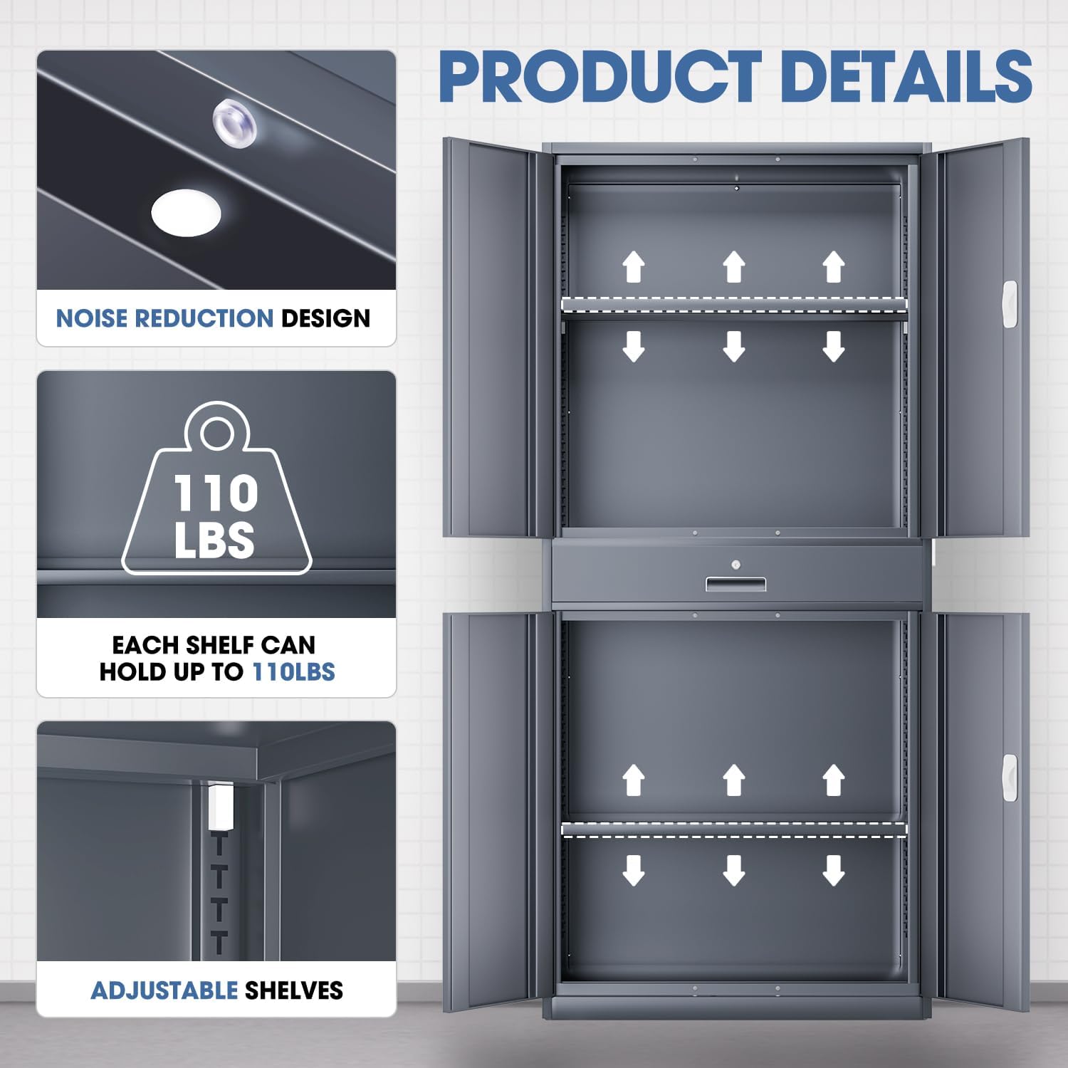DNA Motoring 71'' Metal Storage Cabinet, Locking Tool Cabinet with 1 Drawer and Adjustable Shelves, Lockable Heavy Duty Metal Locker for Garage,Office,Home,Gym, Gray, TOOLS-00629-GY-GY-A