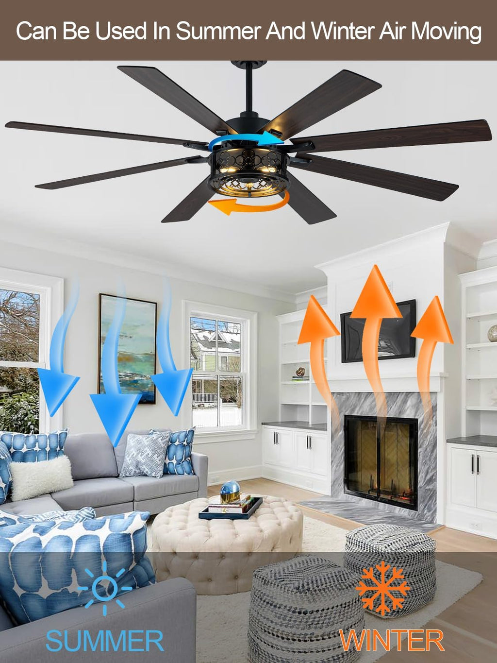 72 Inch Farmhouse Ceiling Fan with Lights and Remote Large Rustic Ceiling Fan Black Caged Fandelier Industrial Chandelier Light, Reversible Quiet DC Motor 6 Speed for Indoor Outdoor