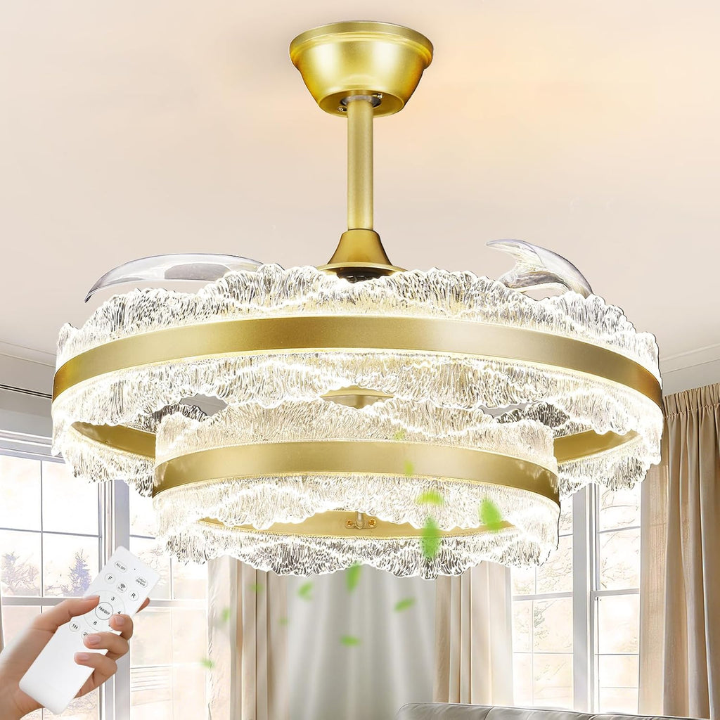 Depuley Fandelier Ceiling Fans with Lights: 24' Gold Cagd Fan with Remote Control - Crystal Chandelier Fan Light for Girl's Bedroom Living Room Nursery
