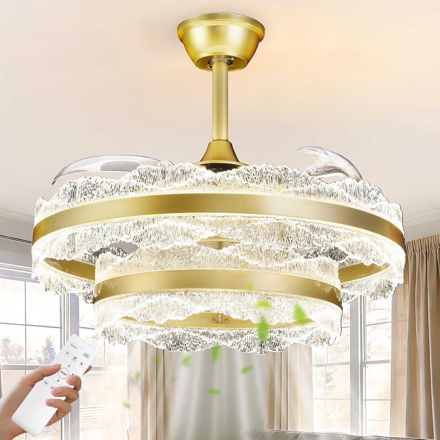 Depuley Fandelier Ceiling Fans with Lights: 24' Gold Cagd Fan with Remote Control - Crystal Chandelier Fan Light for Girl's Bedroom Living Room Nursery