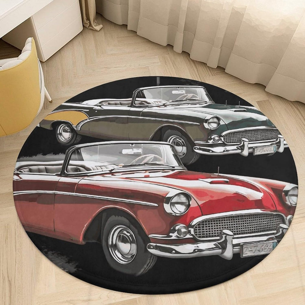Classic Car Roadsters Old Fashioned Coral Velvet Round Floor Mat Non-Slip Bath Rug Floor Covering for Bathroom Vanity Guest Suite & Vacation Home